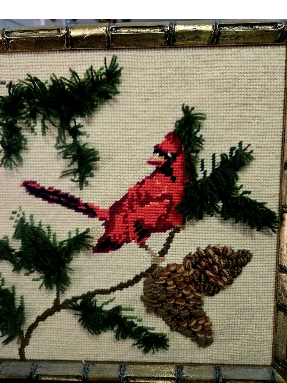 Vintage Crewel Needlework Pair Cardinals 1940's Wool Thread Wood Frame 13